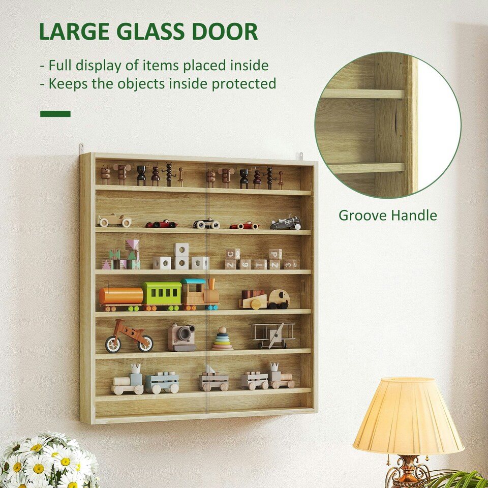 image 1 of HOMCOM 7-Tier Wall Display Cabinet w/ Shelves Glass Doors, Oak Brown