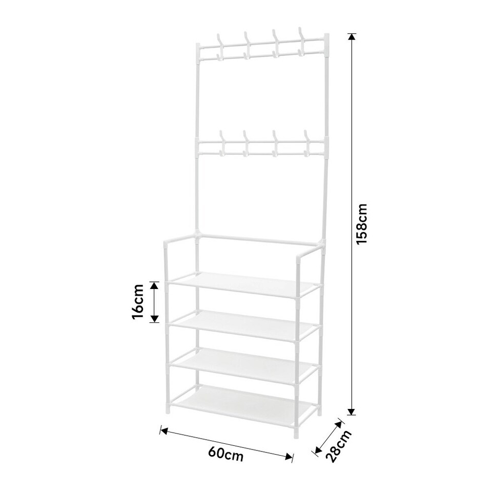 image 1 of Living and Home 4-Tier Metal Shoe Rack with Hooks for Entryway - White