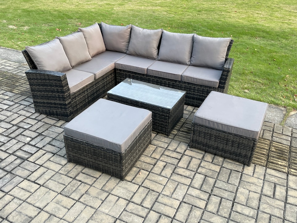 image 1 of Fimous 8 Seater High Back Outdoor Garden Furniture Set Rattan Corner Sofa Set With Rectangular Coffee Table 2 Big Footstool Dark Grey Mixed