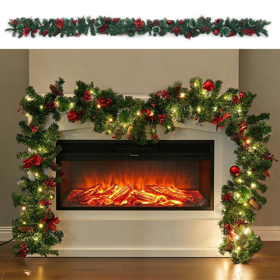 image 1 of Living and Home 2.8m LED Light Poinsettia Christmas Garland Decor - Blossom * snow