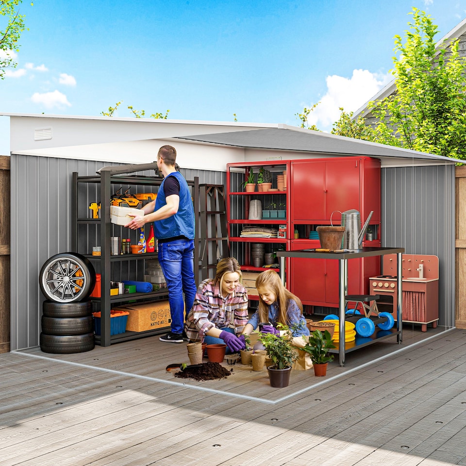 image 1 of Outsunny 11.3 x 9.2ft Lean to Metal Garden Shed, Outdoor Galvanised Tool Storage House with Double Sliding Doors and 2 Air Vents, Green