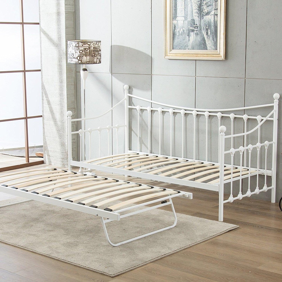image 1 of Daybed With Pull Out Trundle White 3ft Single Bed with 1 Mattress Metal Guest Room Bedroom Living Room