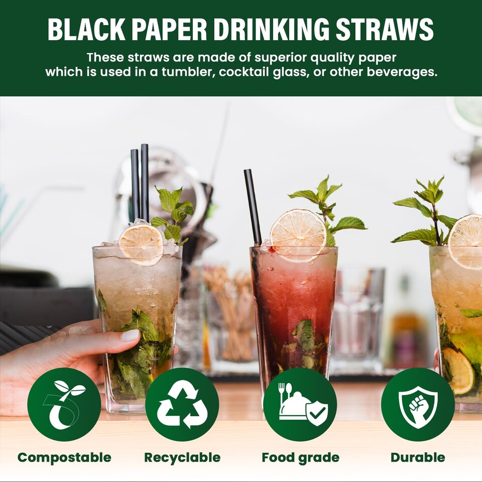 image 1 of ECONX Black Paper Straws 8 Inch Paper Drinking Straws for Parties Hot & Cold Drinks Sip Stirrers Pack 5000