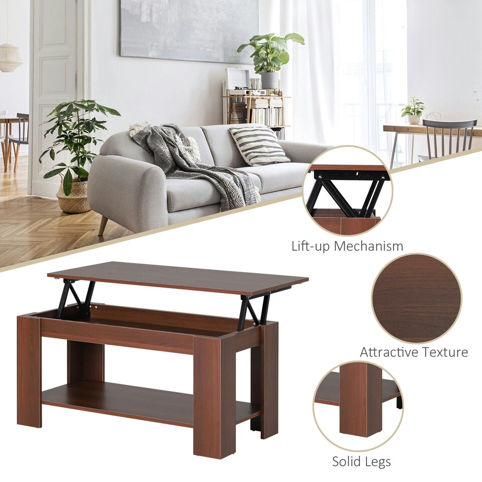 image 1 of HOMCOM 100cm Modern Lift Up Top Coffee Table Desk Hidden Storage Bottom Shelf Yellow
