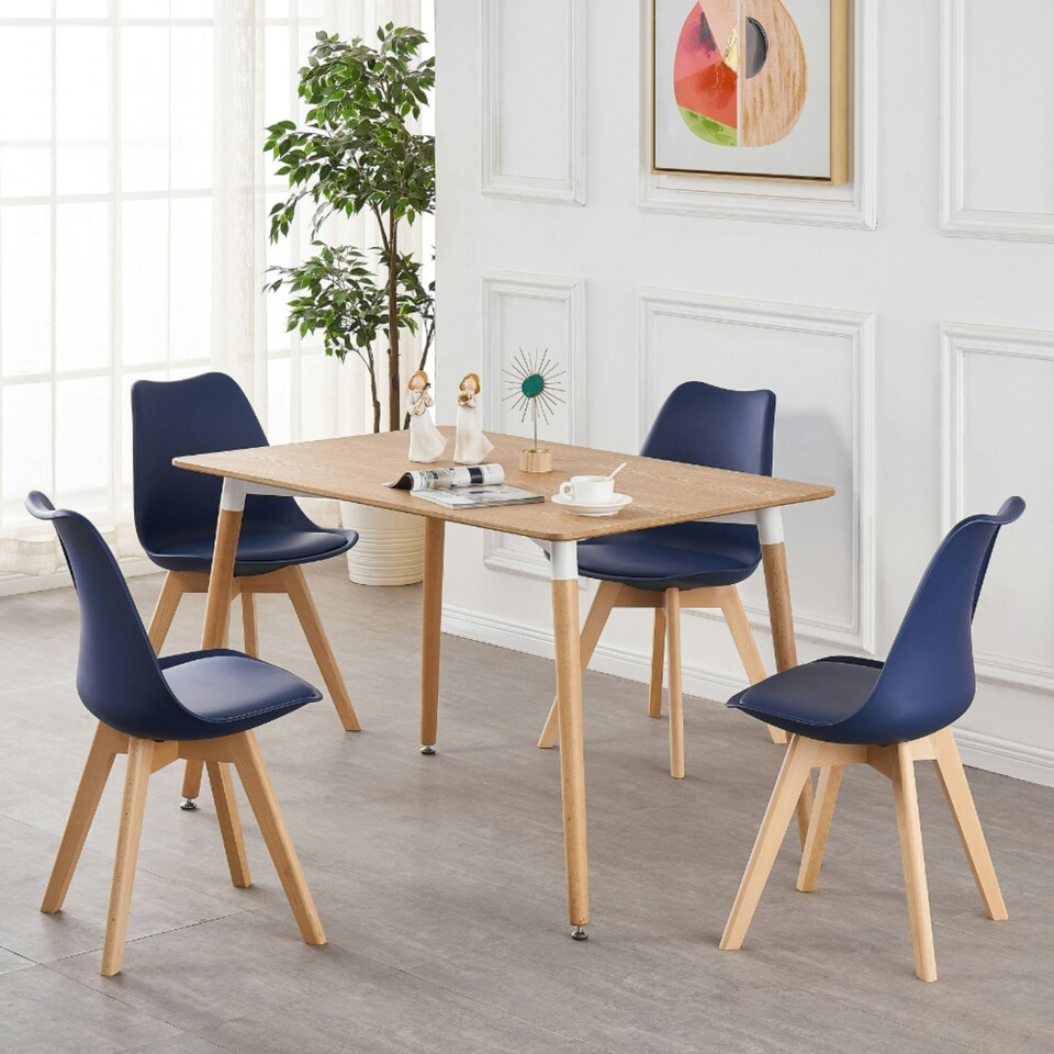 image 1 of Single Scandinavian Dining Chair with Leather Cushions Solid Wood Legs Blue