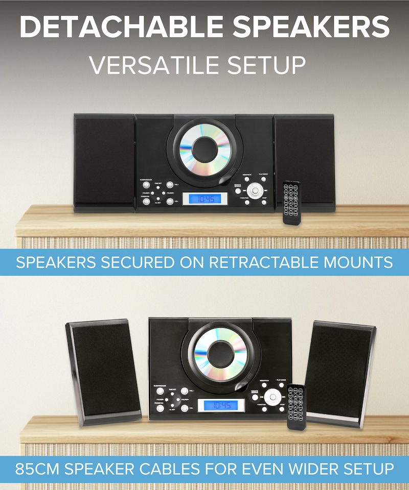 image 1 of CD Player with Speakers - HiFi System for Home with Radio, USB, MP3, Clock Alarm & Remote - Compact Stereo System with Wall Mount Design - Small CD Players for Home - GTMC-101