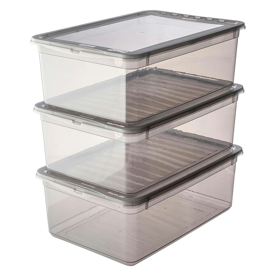 image 1 of Keeeper Set of 3 Storage Boxes 11 Litre with Lid and Air Control System - Transparent Grey