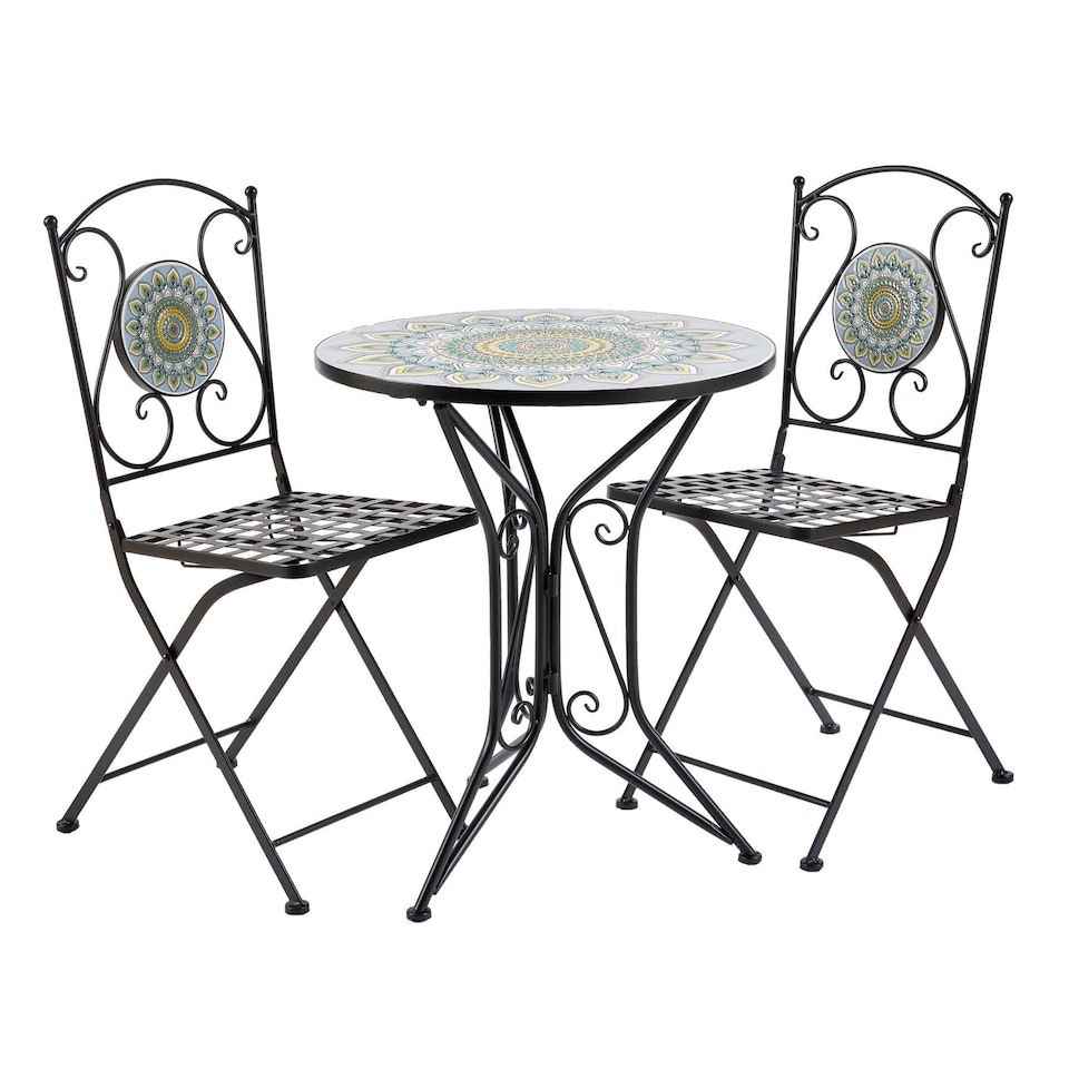 image 1 of Bistro Table Set Blue Floral Mosaic Design 2 Chairs Outdoor Garden Furniture