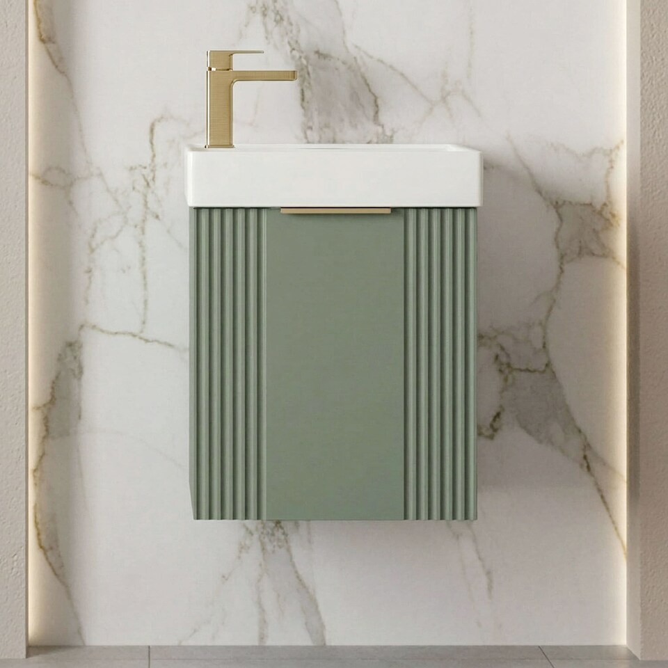 image 1 of Balterley Wall Hung Cloakroom Vanity Basin Unit with Handle Compact Bathroom Storage | Green | Satin Green | 438 x 400 x 222mm | 1