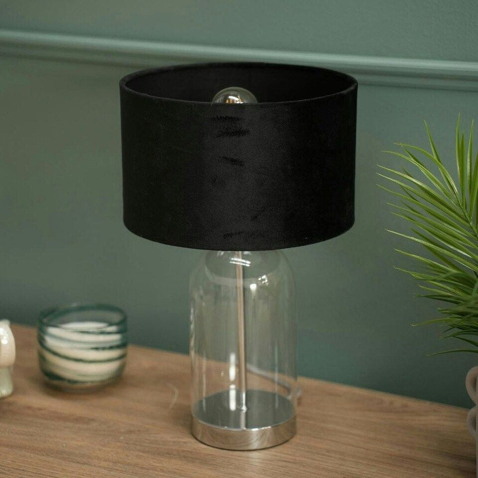 image 1 of ValueLights Jessy Glass and Silver Chrome Metal Bedside Table Lamp with a Black Velvet Lampshade