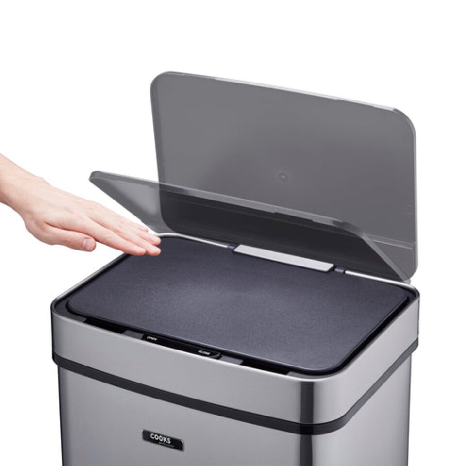image 1 of Cooks Professional Recycling Sensor Bin 75L with Dual Compartments & Food Caddy | Silver | Silver