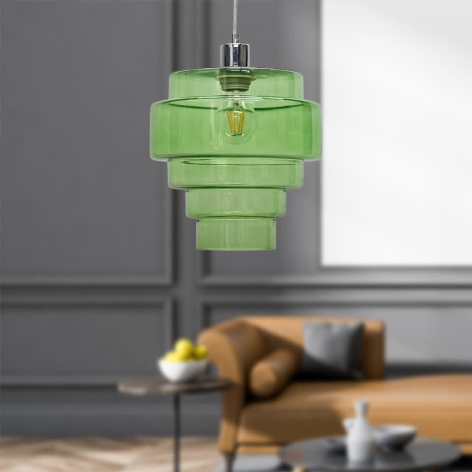 image 1 of Benson - 5 Tier Green Glass Chrome Ceiling Pendant Light