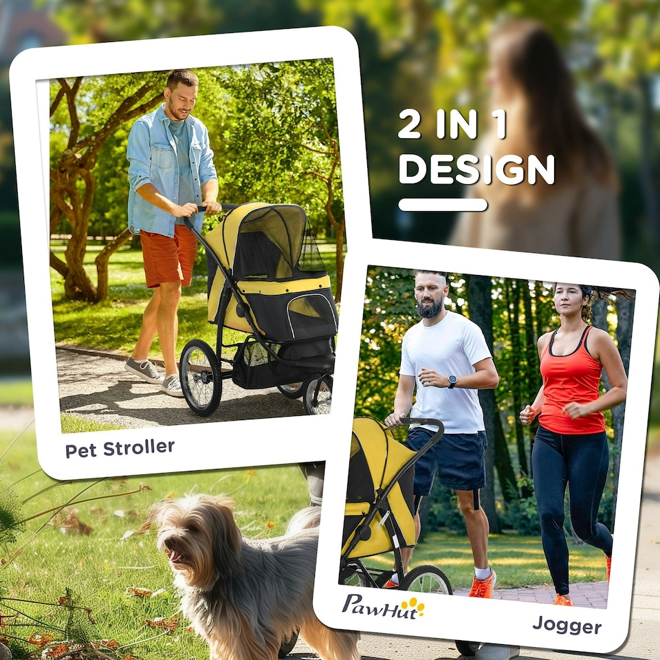 image 1 of PawHut 3 Wheel Pet Stroller, for Medium Small Dogs, Foldable Cat Pram - Yellow