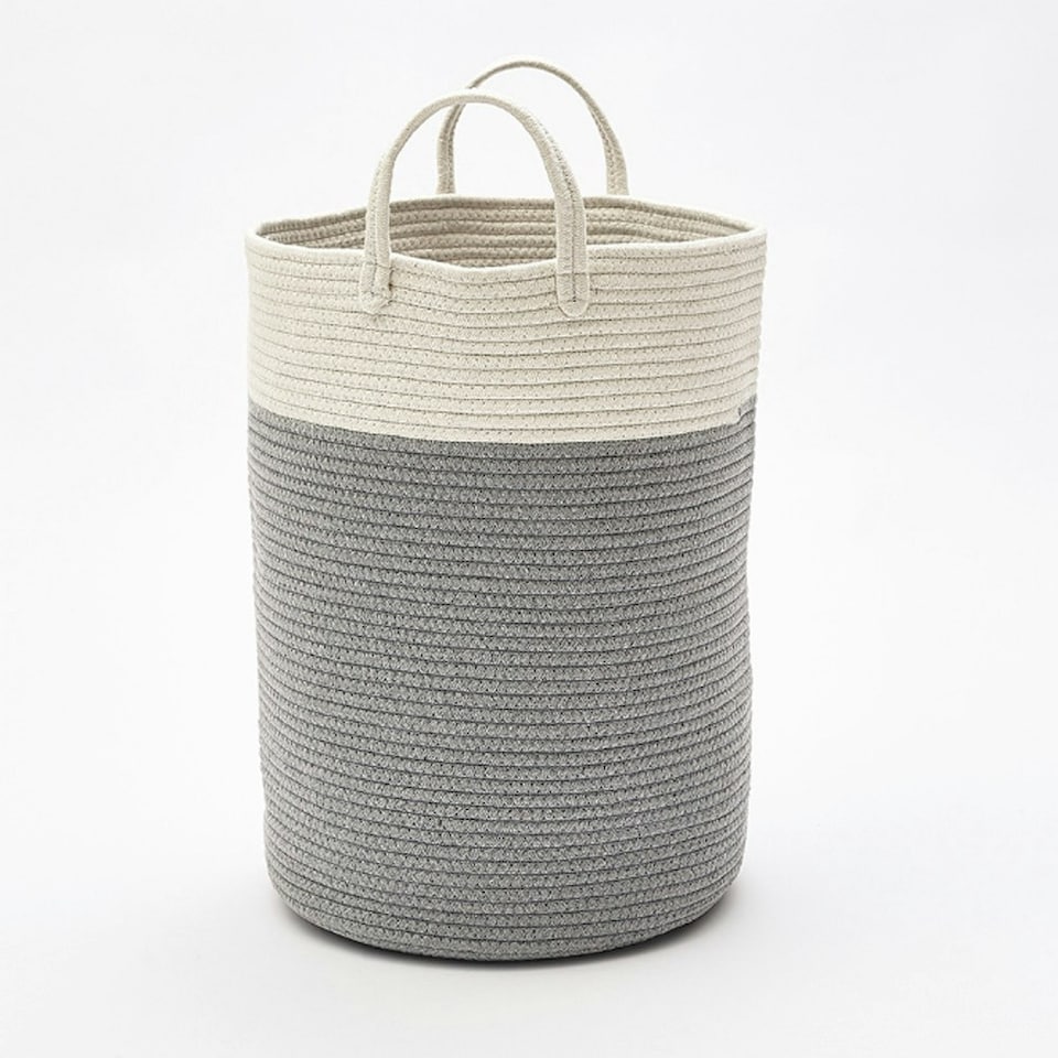 image 1 of Living and Home Woven Cotton Basket Storage Clothes Hamper Laundry Basket - Grey & White