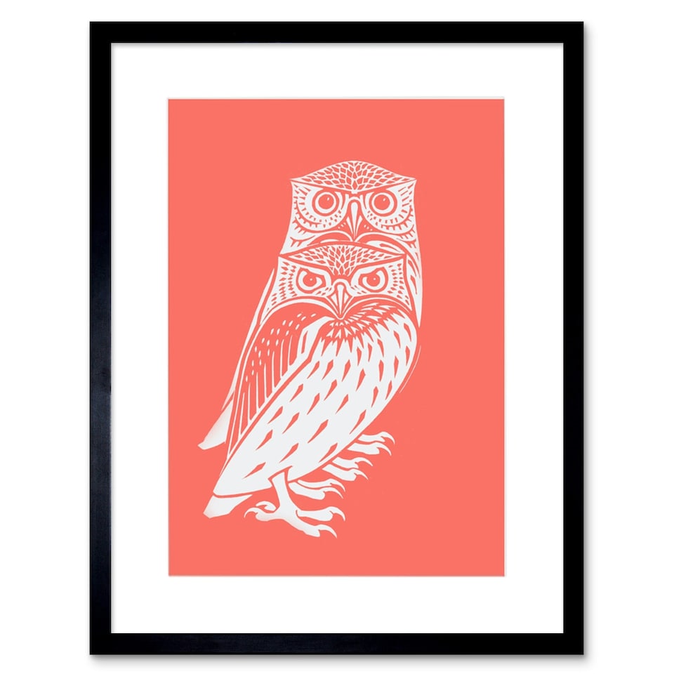 image 1 of Owls Julie De Graag Bold Coral Pink 9x7" Black Framed Wall Art Print