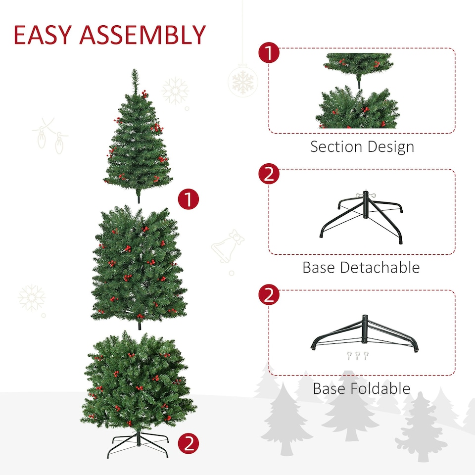 image 1 of HOMCOM 7FT Prelit Pencil Christmas Tree w/ LED Light, Berry, Xmas Decoration