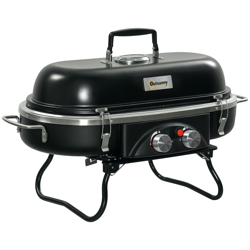 image 1 of Outsunny Foldable 2 Burner Gas BBQ Grill w/ 2 Burners for Camping Picnic Cooking