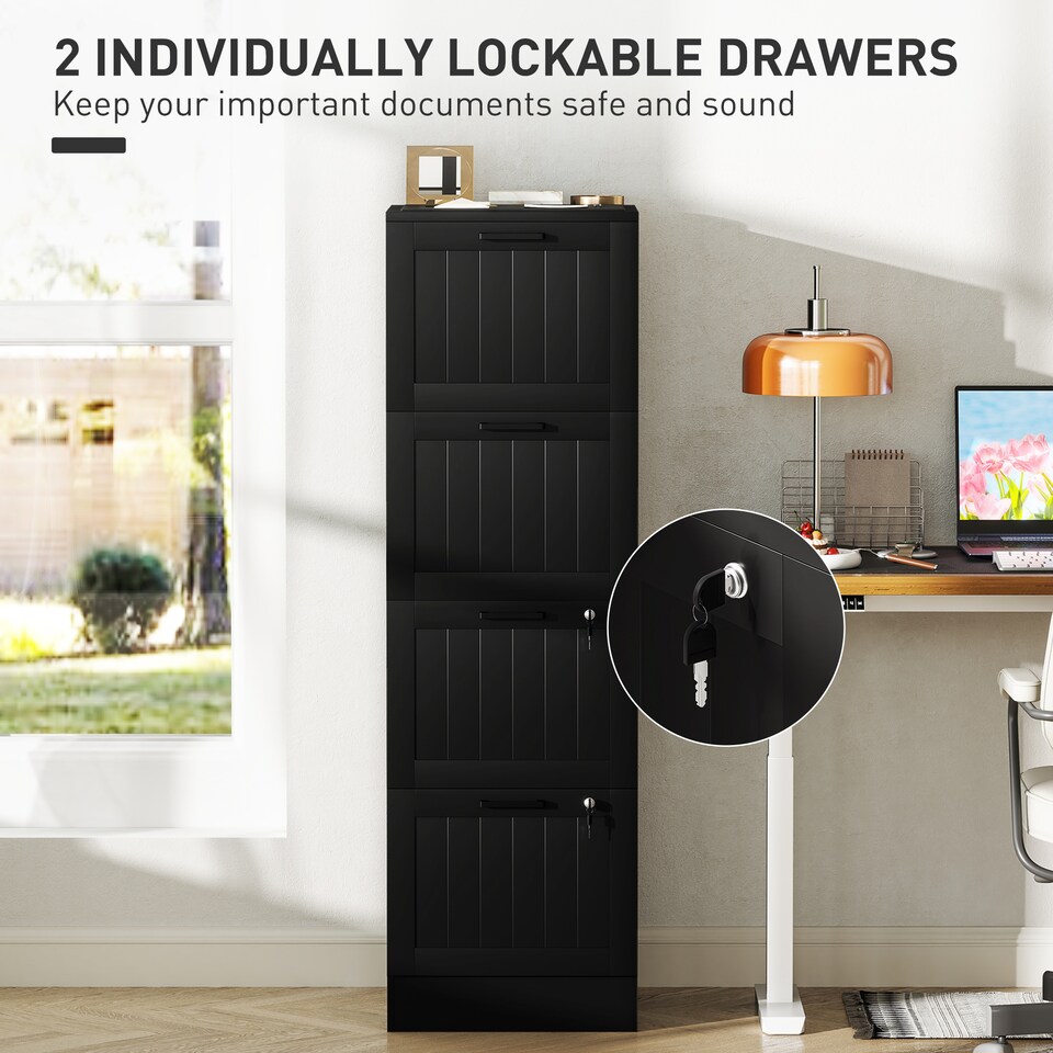 image 1 of HOMCOM 4 Drawer File Cabinet with Lock and Adjustable Hanging Bars, Black