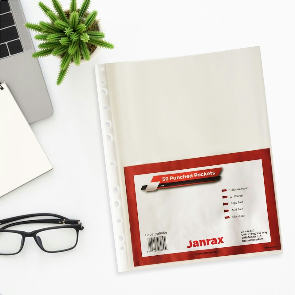 image 1 of Pack of 250 A4 Glass Clear Punched Pockets by Janrax