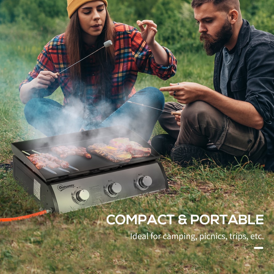 image 1 of Outsunny Gas Plancha Barbecue Grill with 3 Stainless Steel Burner, 7.5kW, Portable Tabletop Gas BBQ with NonStick Griddle and Lid for Camping Picnic Garden Party Festival