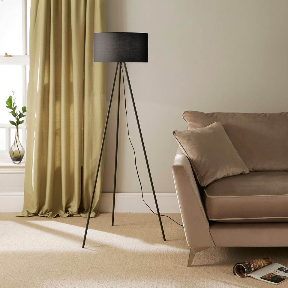 Modern Black Metal Tripod Floor Lamp with Cotton Fabric Lampshade in Black Black