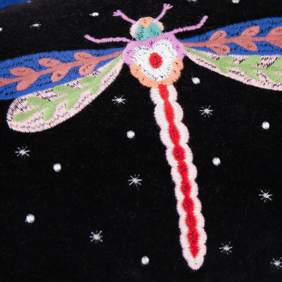 image 1 of Wylder Darkling Beetles Embroidered Velvet Cushion, Cobalt/Black, 30 x 65cm