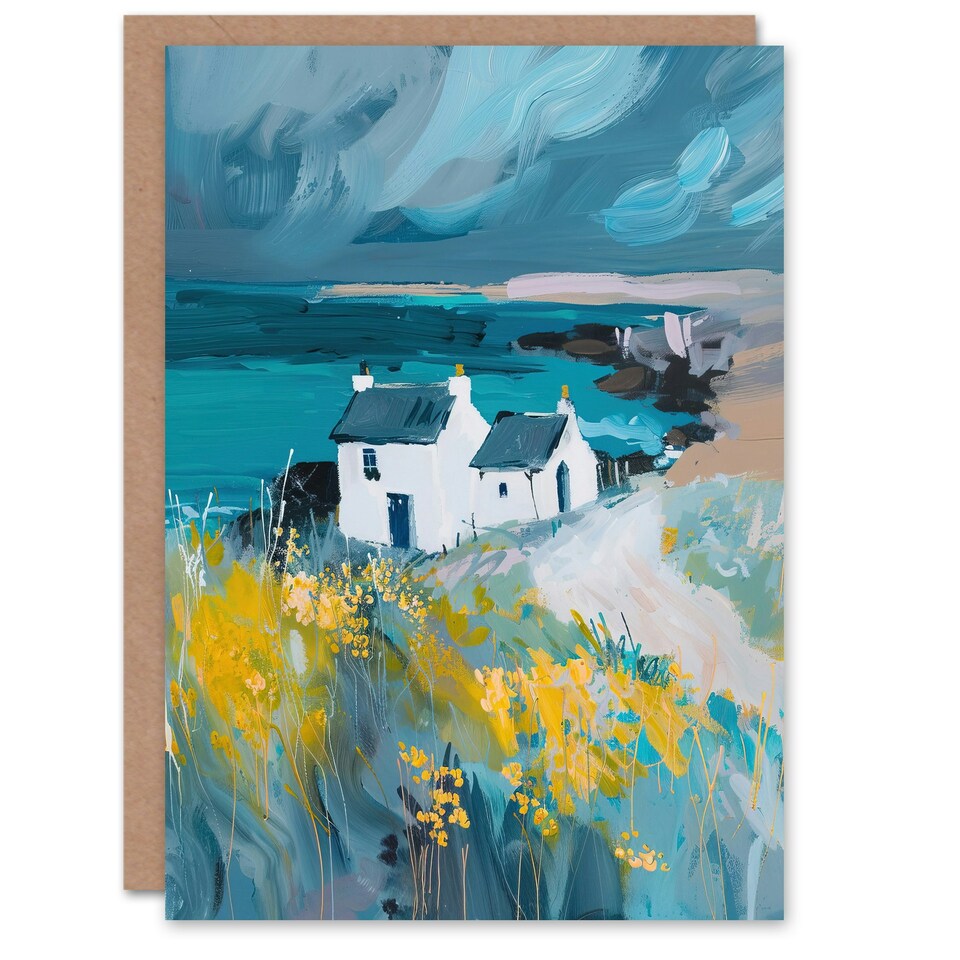 image 1 of Coastal Scottish Cottage Wildflowers Him Her Birthday Card
