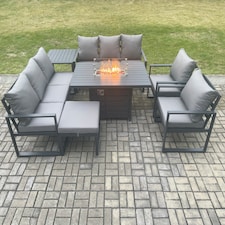 Fimous Aluminium Outdoor Garden Furniture Set Patio Lounge Sofa Gas Fire Pit Dining Table Set with Big Footstool Side Table Dark Grey
