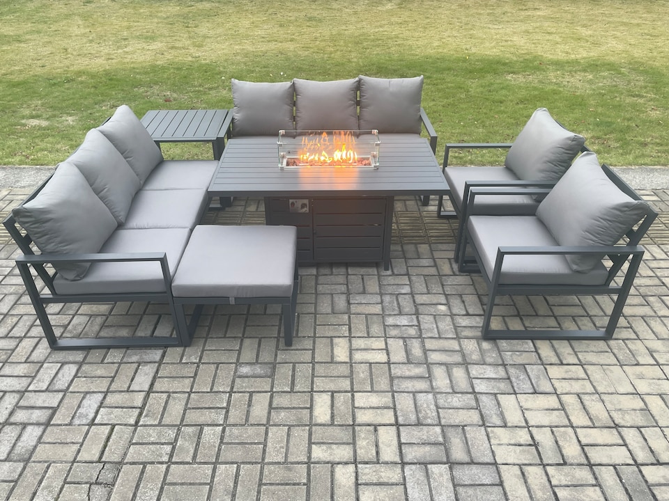 image 1 of Fimous Aluminium Outdoor Garden Furniture Set Patio Lounge Sofa Gas Fire Pit Dining Table Set with Big Footstool Side Table Dark Grey