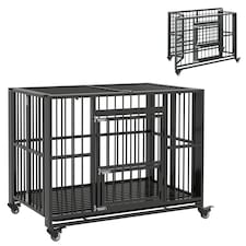 PawHut 43" Foldable Heavy Duty Dog Crate w/ Locks, Removable Tray, Wheels