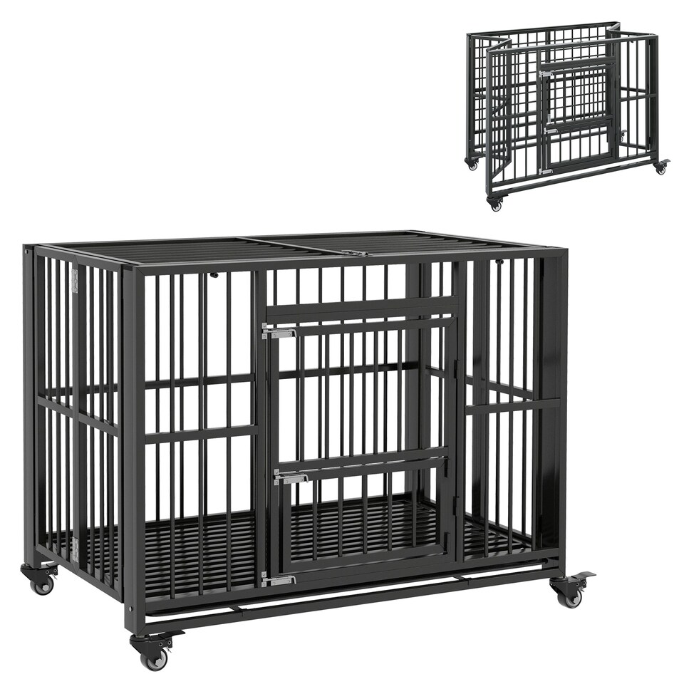 image 1 of PawHut 43" Foldable Heavy Duty Dog Crate w/ Locks, Removable Tray, Wheels