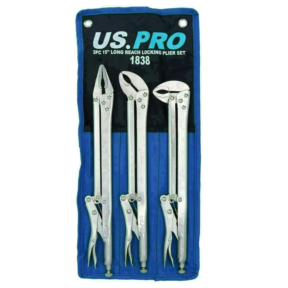 image 1 of 3pc Extra Long Nose 15in Adjustable Locking Pliers Mole Grips Straight 45° 90°