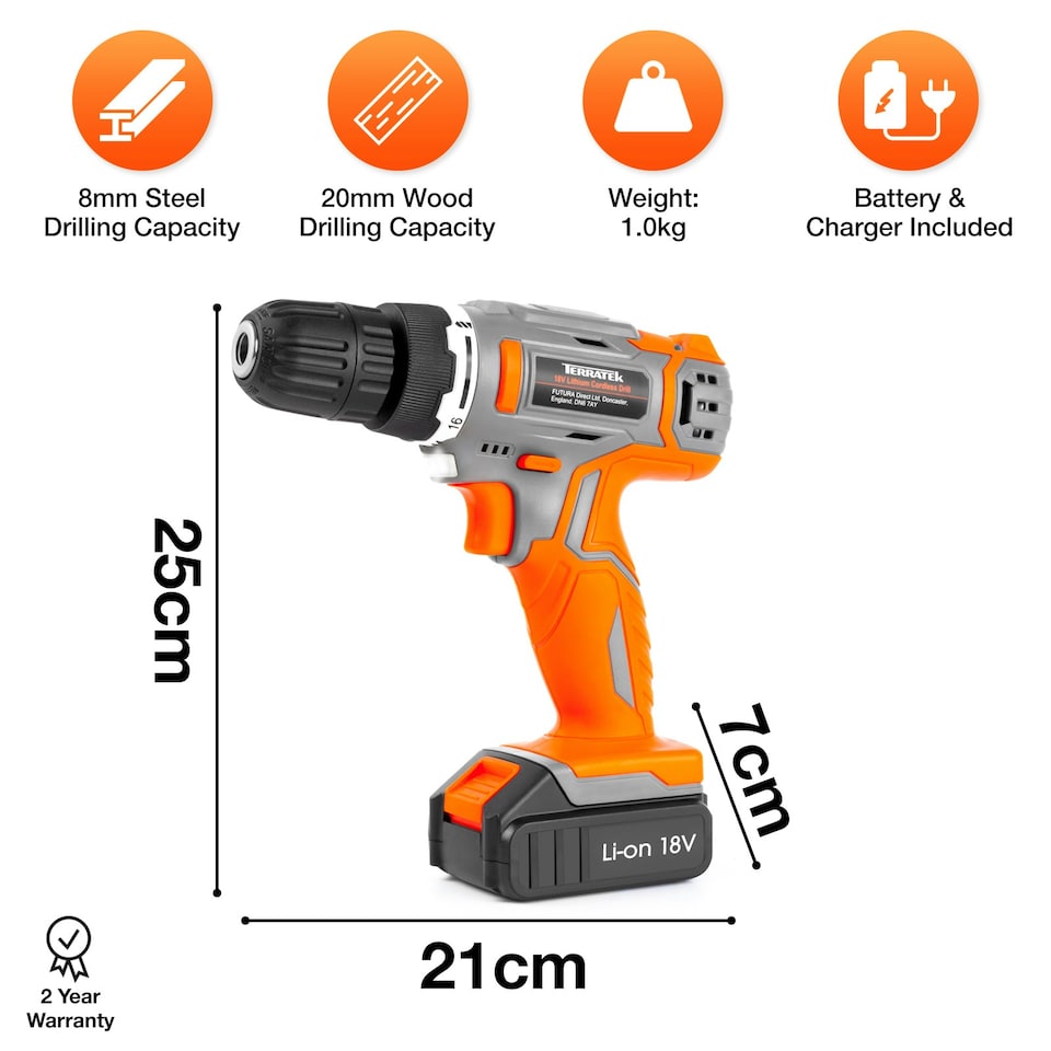 image 1 of Terratek 18V Cordless Drill & 89pc Screwdriver Set (Battery, Charger & Carry Case Included)