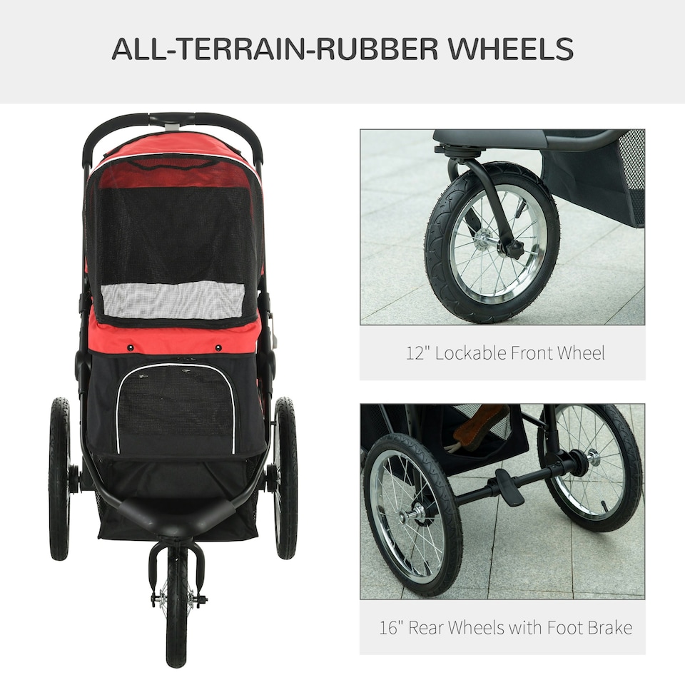 image 1 of PawHut Three-Wheel Pet Stroller, for Medium, Small Dogs, Foldable Cat Pram - Red
