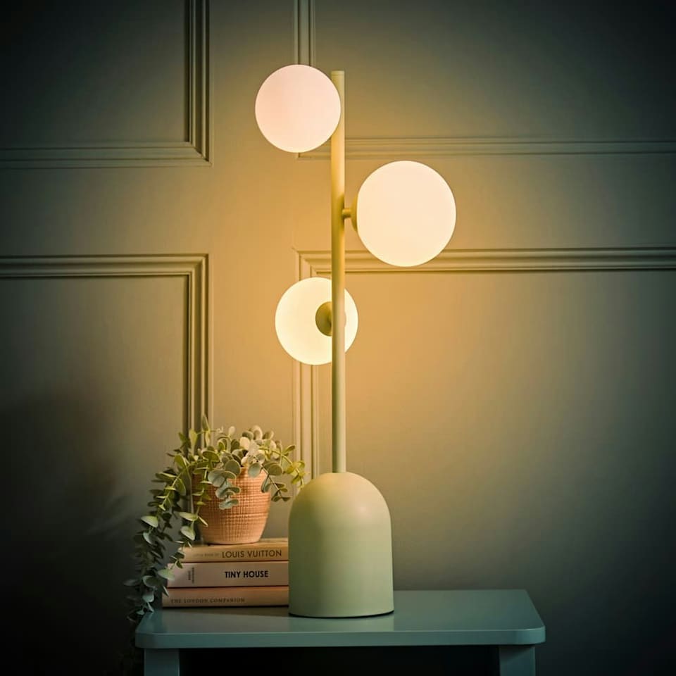 image 1 of ValueLights Marlow Sage Green Opaque Glass Globe 3 Way Table Lamp with LED Bulbs