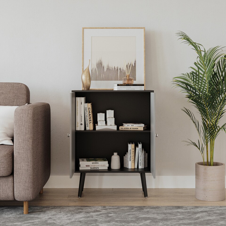 image 1 of Black 2-Tier 2-Door Wooden Cabinet With Legs | Grey | Grey & Black | 0 x 0 x 0 | 1