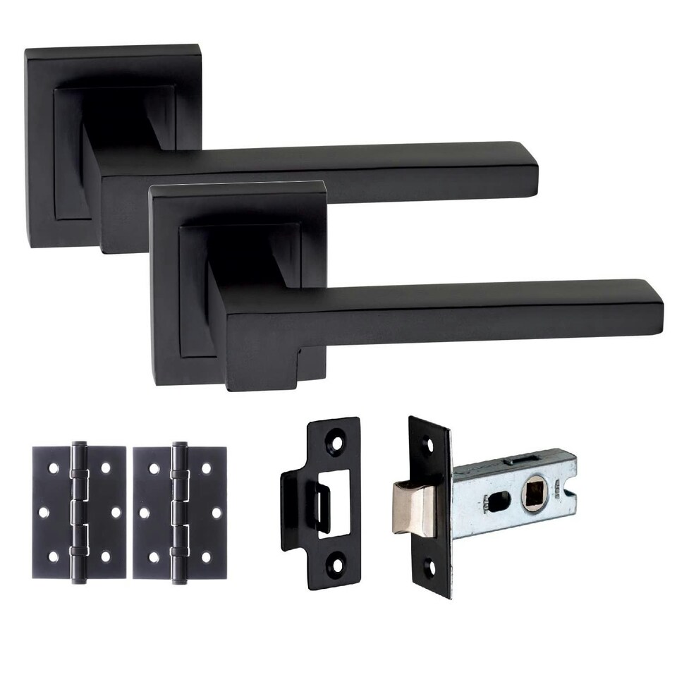 image 1 of Golden Grace 6 Pairs Zeta Design Door Handles Lever Latch on Square Rose in Matt Black Finish with Tubular Latch and Pair of 3" Ball Bearing Hinges Black