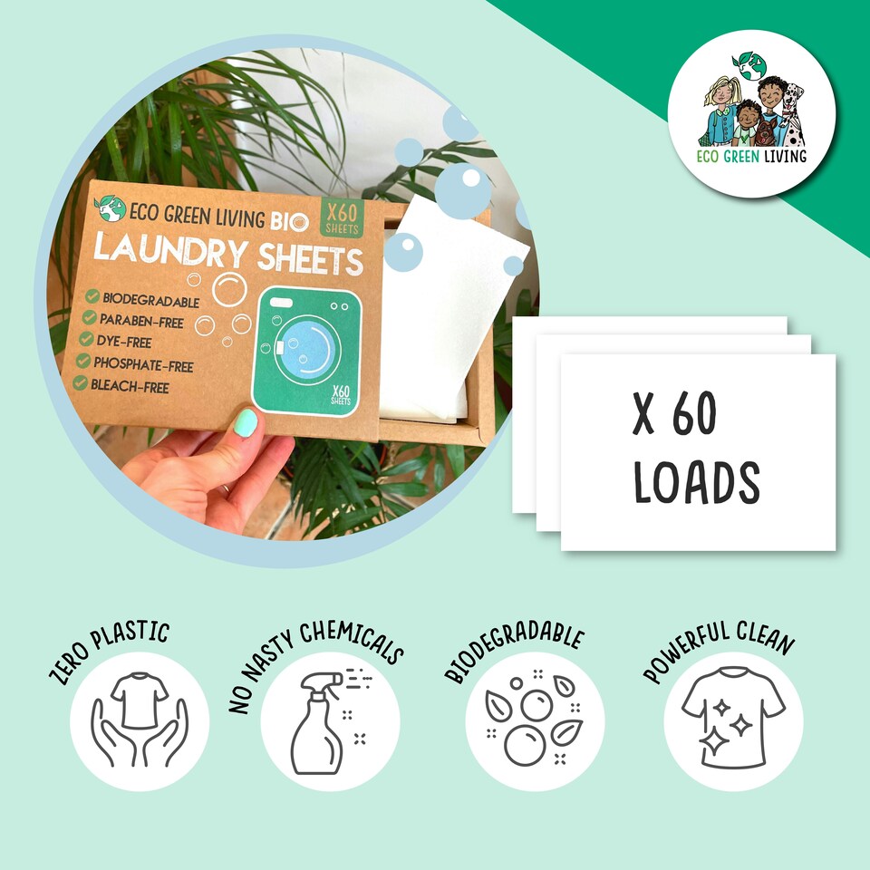 image 1 of Eco Green Living Laundry Sheets, Hypoallergenic Detergent Strips for Washing Machines and Hand Washing 60 Sheets 2 Pack