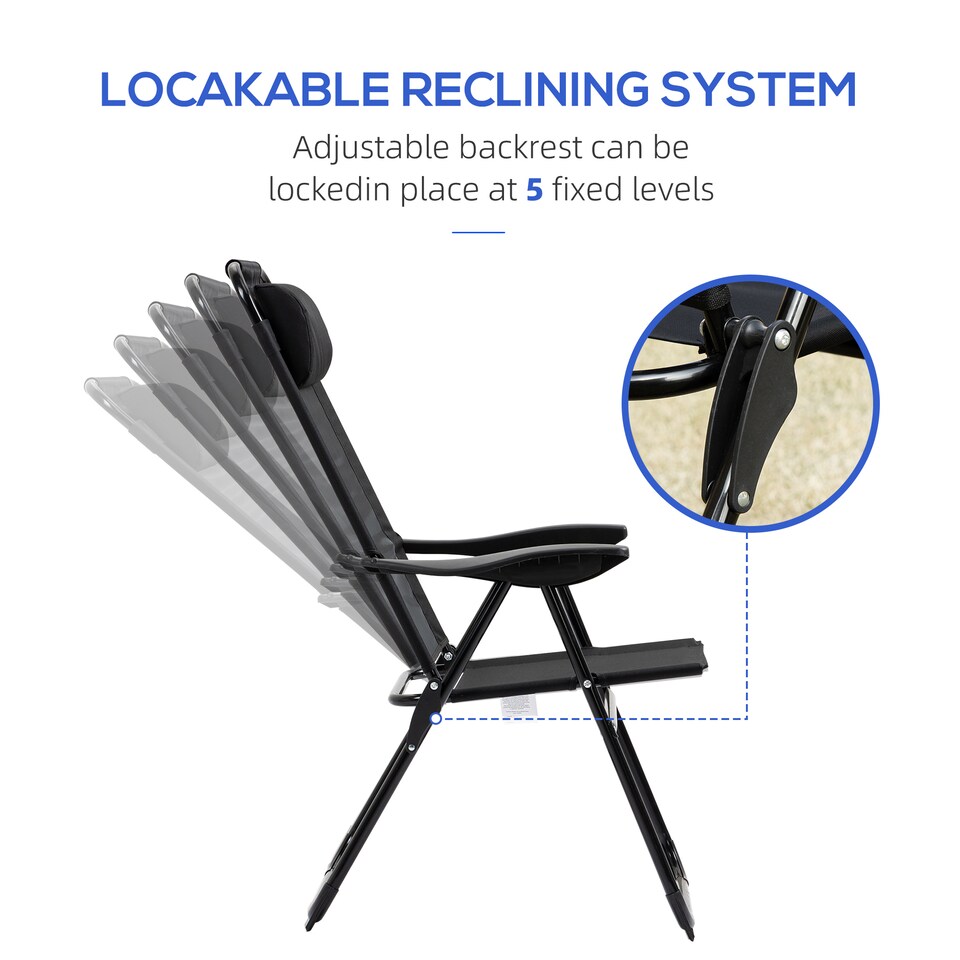 image 1 of Outsunny Garden Chairs Set of 2 Folding Camping Chair Recliners, Black | Black | Black