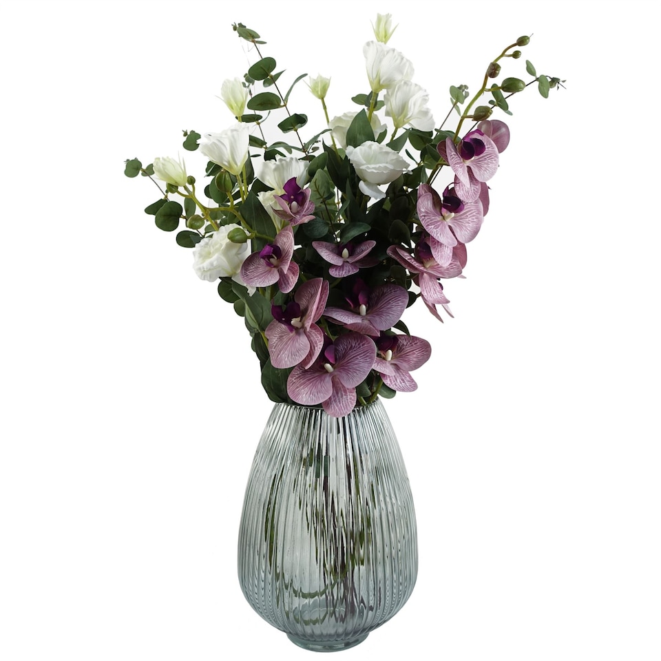 image 1 of 70cm Grey Glass Vase Artificial Orchids and Roses