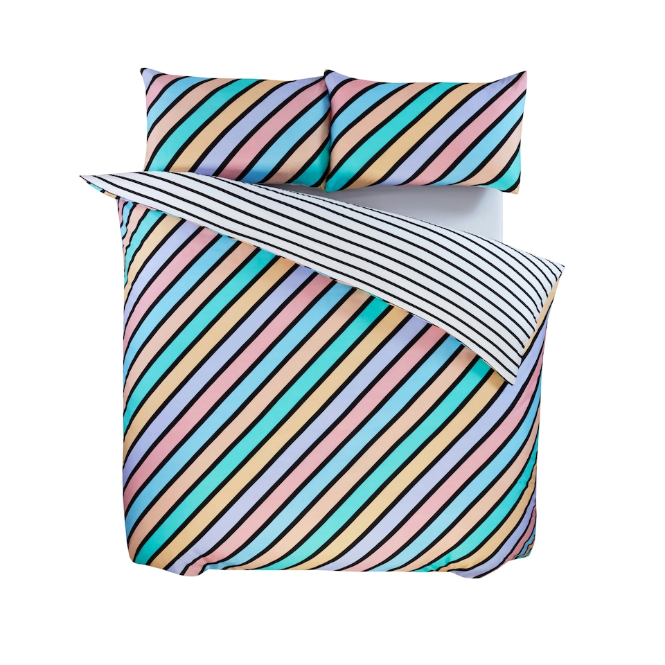 image 1 of Oxford Stripe Microfibre Reversible Duvet Cover Set with Pillowcase Green | Double