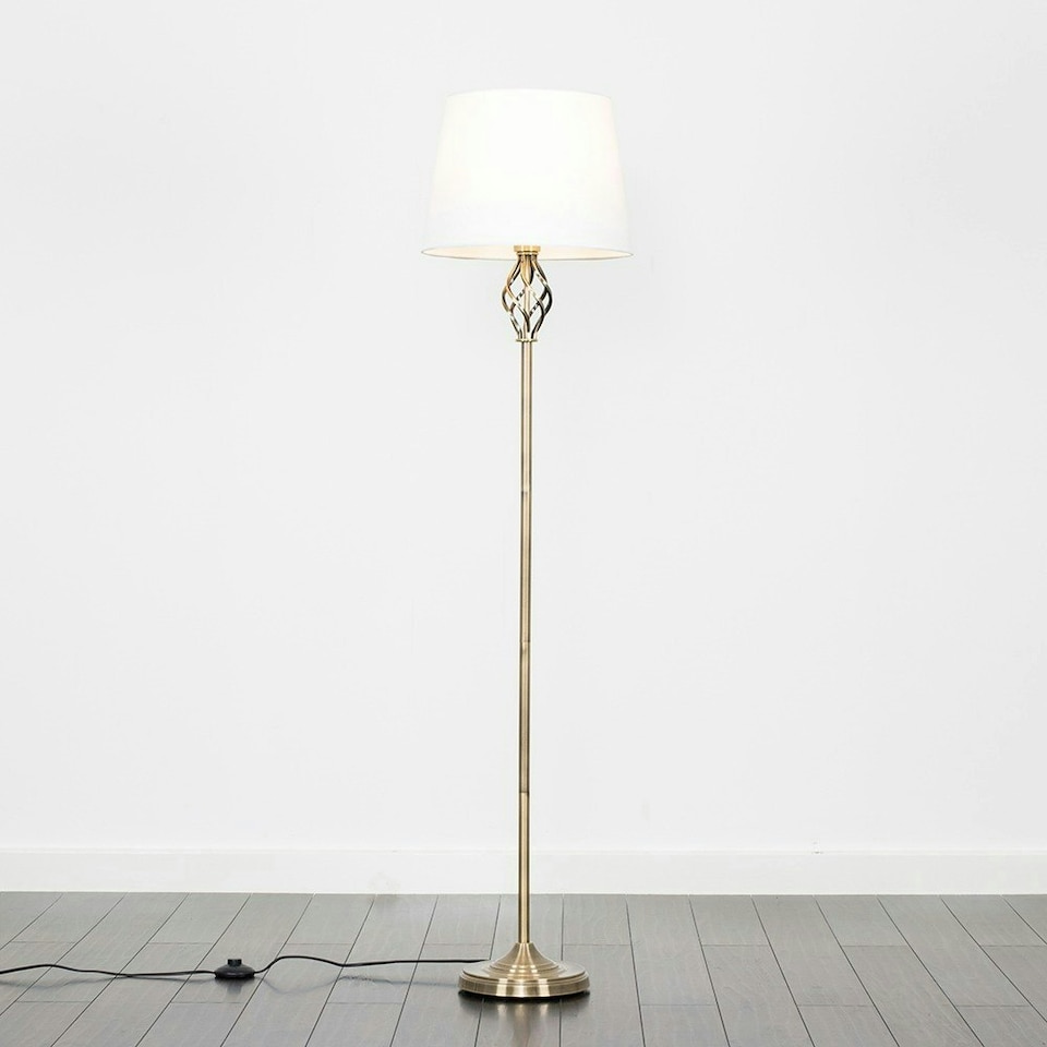 image 1 of ValueLights Memphis Brushed Gold Floor Lamp with Medium White Tapered Shade and E27 GLS LED 10W Warm White 3000K Bulb