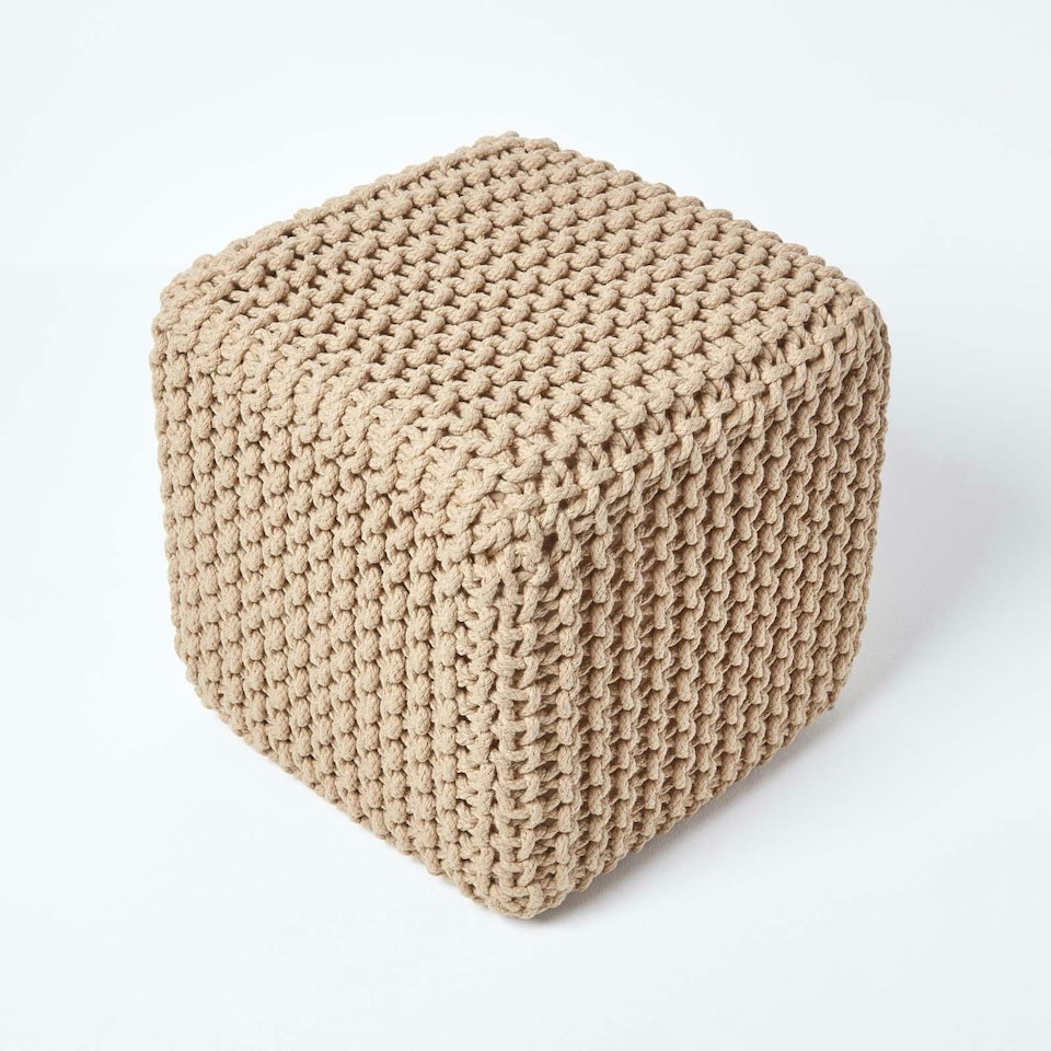 image 1 of Homescapes Linen Cube Cotton Knitted Pouffe Footstool