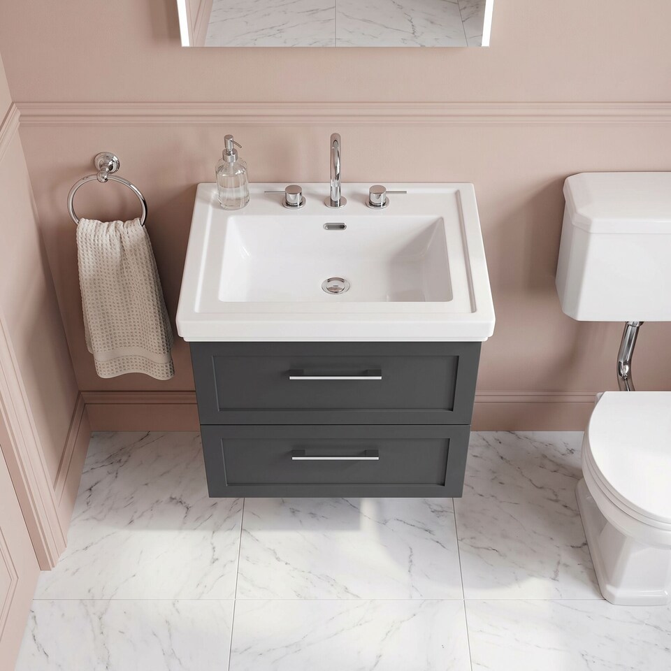 image 1 of Balterley Stonnall Traditional Wall Hung 2 Drawers Vanity Unit with Traditional 3 Tap Hole Fireclay Basin, 600mm, Dark Grey