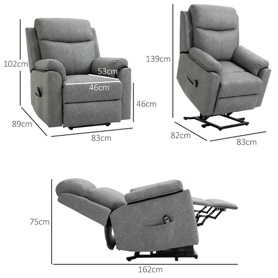 image 1 of HOMCOM Power Lift Recliner Chair, Electric Lift Chair for Elderly, Overstuffed Faux Leather Riser and Reclining Armchair with Remote Control, Side Pockets, for Living Room, Grey | Grey | Grey