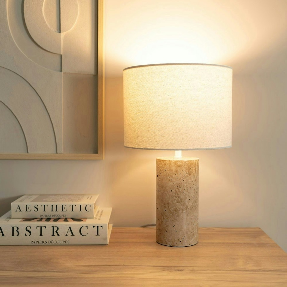 image 1 of ValueLights Chloe Pair of - Natural Marble Effect Bedside Table Lamp with Neutral Linen Shade