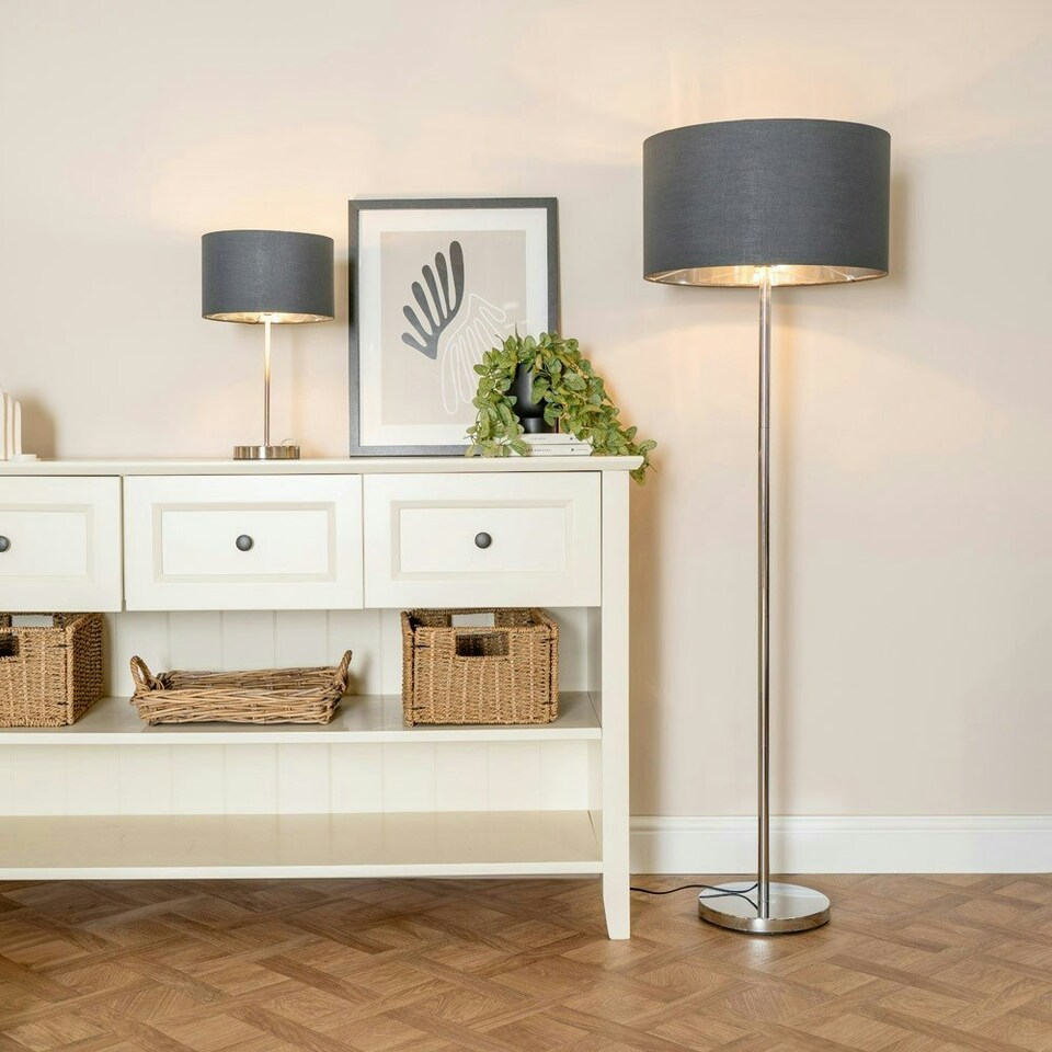 image 1 of ValueLights Charlie Brushed Chrome Floor Lamp White Taper Shade & Bulb