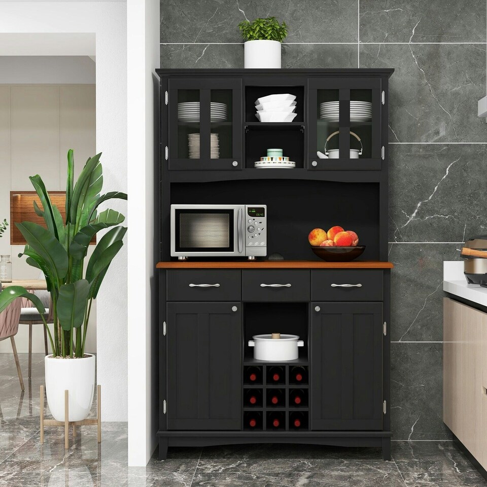 image 1 of COSTWAY Kitchen Cupboard with Adjustable Shelves and Drawers Black