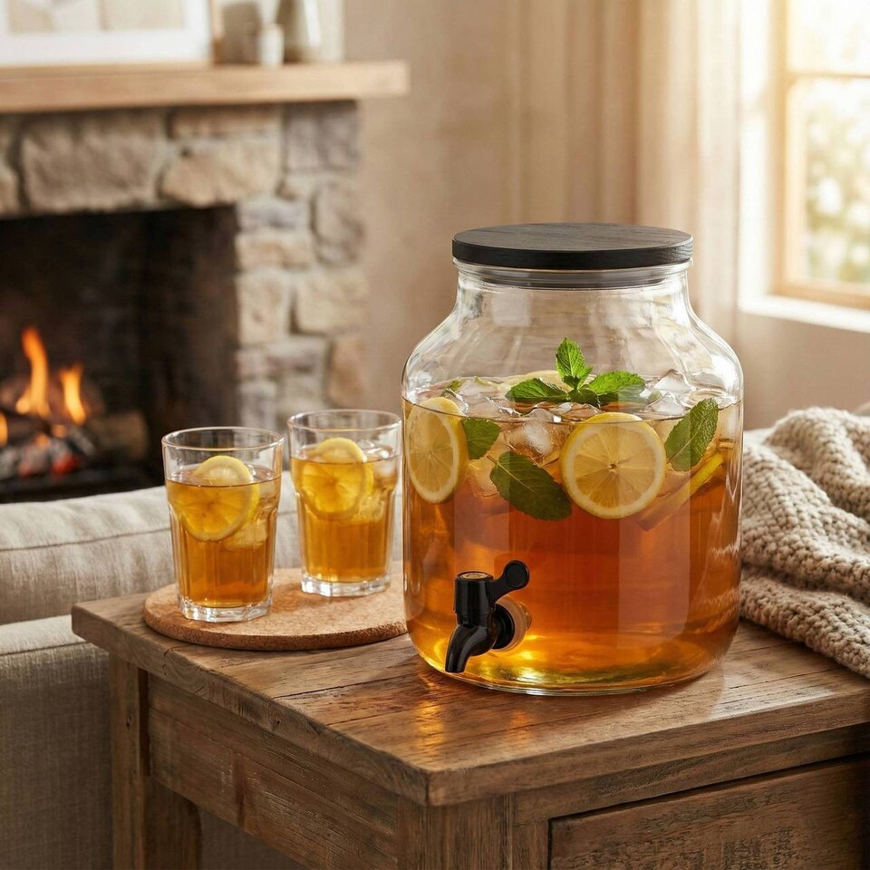 image 1 of 5.2L Glass Beverage Dispenser with Tap & Wooden Lid