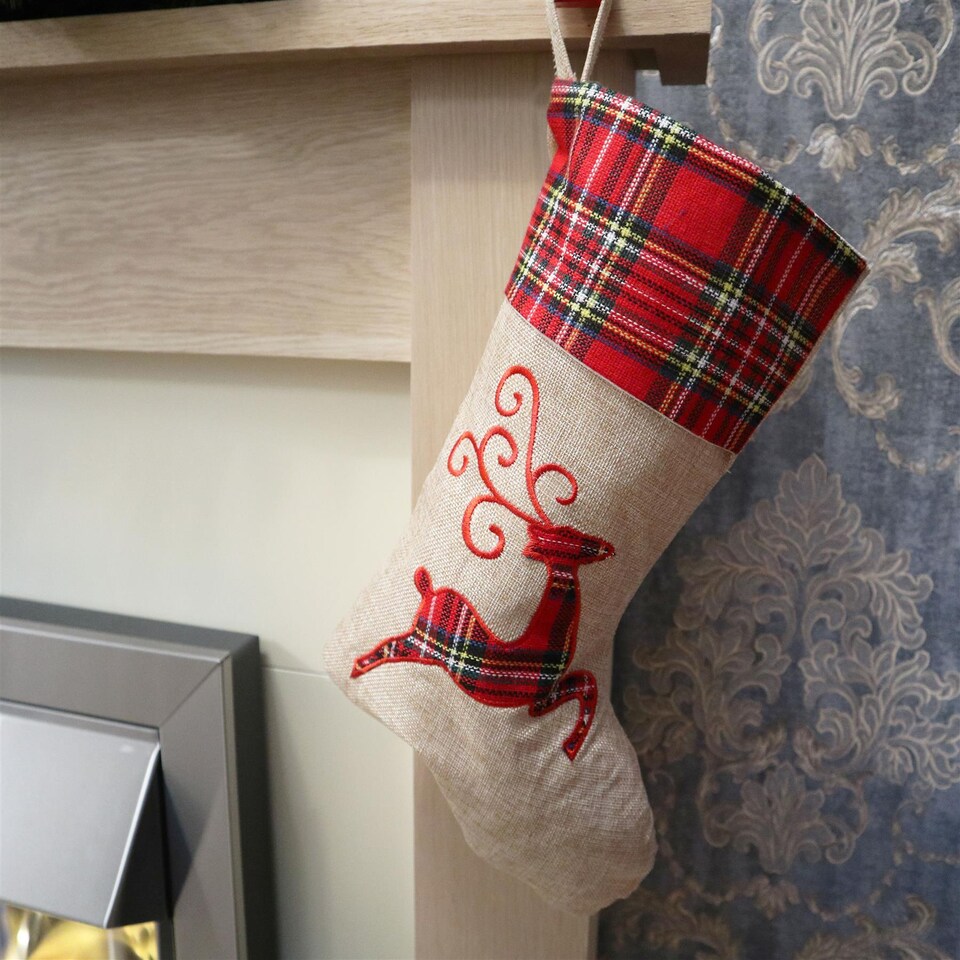 image 1 of Reindeer Design Christmas Stocking  Cute Festive Stocking for Mantelpiece & Holiday Decoration